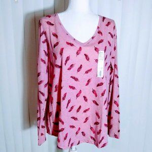 *SONOMA WOMEN'S TEE TOP LONG SLEEVE, PINK W/ FEATHERS